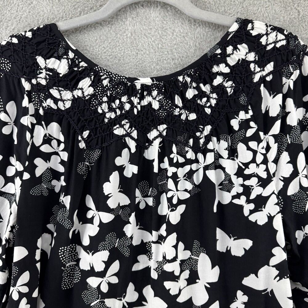Talbots Top Womens L Black Butterfly Smocked Scoop Neck 3/4 Sleeves Elastic Cuff - Picture 9 of 15